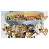 Blue Satin Box Full Of Vintage Jewelry & Stuff