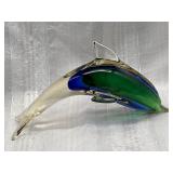 Stunning Murano Style Art Glass Dolphin Blue Green 10" Figure
