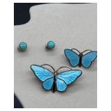 Sterling Silver Blue Enamel Butterfly Brooch & Earrings Set