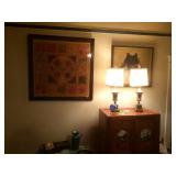 Lamps. Framed  fabrics. Cute footed chest