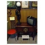 old radio cabinet/ vintage retro lamp  retro chairs and tv
