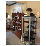 Tall metal shelves  glass and wood