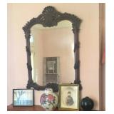Framed items, antique mirror 