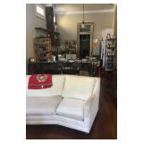 White linen custom couch, view of kitchen