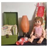 Vintage pattern box, doll, rocket lamp, funky ironing board