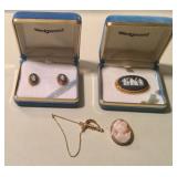 Black Wedgwood cameo earrings and broach, nice shell cameo and sword stick pin 