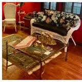 Wicker settee, mid century table bras and beveled glass
