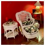 White wicker table, rocker, ottoman