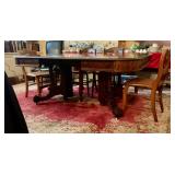 Victorian dining table, goes from Square pedestal table to banquet table, has 6 leaves