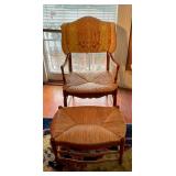 Maple and rush chair and ottoman