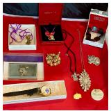 Pins, necklaces, card carrier