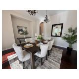 Dining set, rug, mirror, plans, art