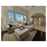 Sofa sectional, upholstered square seat, rug, lamps