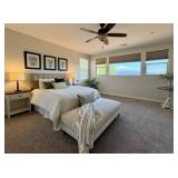 Queen bed with matching night stands, bedding and bench, wal art