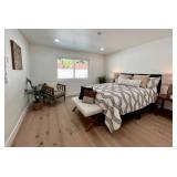 queen bedroom set, bedding, bench, nightstands, pillows