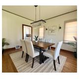 Wood dining table for 6, rug, upholstered dining chairs