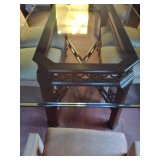 Thomasville Glass Dining Table Close up- Ornate Cherry Solid Wood Support