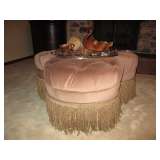 Ethan Allen Trillium Ottoman. Hand-tufted top with bullion fringe. Custom Fabric