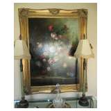 Large Decorative Floral Painting in Gold Ornate Frame