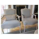 Carved French Chairs, Custom Fabric, with white accents over natural finish