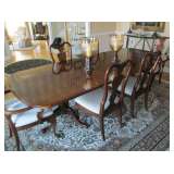 Queen Anne Style Dining Table, double pedestal base w/ raised pad foot,  8 chairs with upholstered s