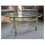 OVAL BRASS COFFEE TABLE WITH BEVELED GLASS TOP