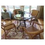 ROUND METAL GLASS TOP TABLE WICKER ARM CHAIRS