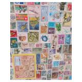 VINTAGE STAMP COLLECTION / TABLE TOP MOUNTED ON BOARD WITH GLASS (DETAIL)