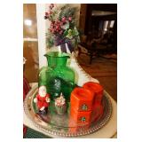 Vintage Christmas decor and Green Blenko glass decanter