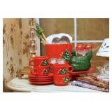 Vintage green depression glass hen on nest and Vintage Spode Christmas dishes