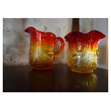 Two-tone red/yellow depression glass, creamer/sugar