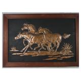 Vintage Mid-Century Embossed Copper "Running Horses" Framed Wall Plaque