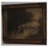 Antique Framed Artist Print "Return of the Flock" Shepherd herding sheep in Original Antique Gilded 