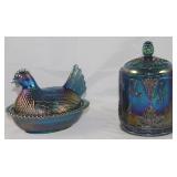 Indiana Glass Co.  Hen on Nest Covered Dish and "Harvest Grape" Biscuit Jar/Canister