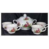  Earthenware Rose Pattern Chili/Bean/Soup Tureen with 4 Mugs