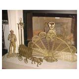Brass Fireplace Screen, Brass Horse & Carriage & Plaster Cowboy