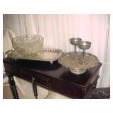 Punch Bowl & Cups, Silver Plate Tray & Wine Glasses