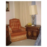 Upholstered Chair, Nightstand & Lamp