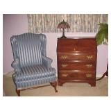 Upholstered Chair, Lamp & Drop Front Desk