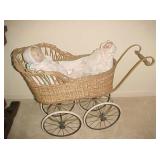 Wicker Baby Carriage & Antique Baby Dolls