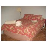 Queen Size Bed, Bedding & Floor Lamp
