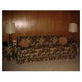 Sofa, Pair of Lamps & Round Side Tables