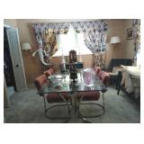 Glass & brass dining table, chairs