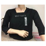 https://www.ebay.com/itm/124142013439	KB0079: Bedazzled Black "WHO DAT? WE DAT!" 3/4 Sleeve Shirt Me