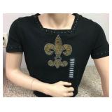 https://www.ebay.com/itm/124142015710	KB0081: Bedazzled Black Short Sleeve Shirt with Gold Fleur De 