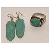 https://www.ebay.com/itm/126144816879 CV1096 BLUE STONE FEATHER EARRINGS AND RING, APPROX SIZE 6.5