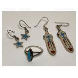 https://www.ebay.com/itm/126144812440 CV1098 925 JEWELRY LOT, FEATHER & STAR EARRINGS W RING, TURQUI