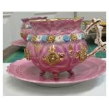 Antique German Hand Painted Pink and 22k Gold Footed Cup & Saucer Set AAA2362 1