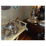 Tea Cart Bamboo Stand Silverplate PIeces
