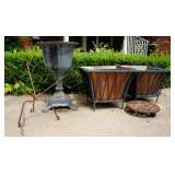 Cast Iron Urn and Copper and Wrought Iron Planters